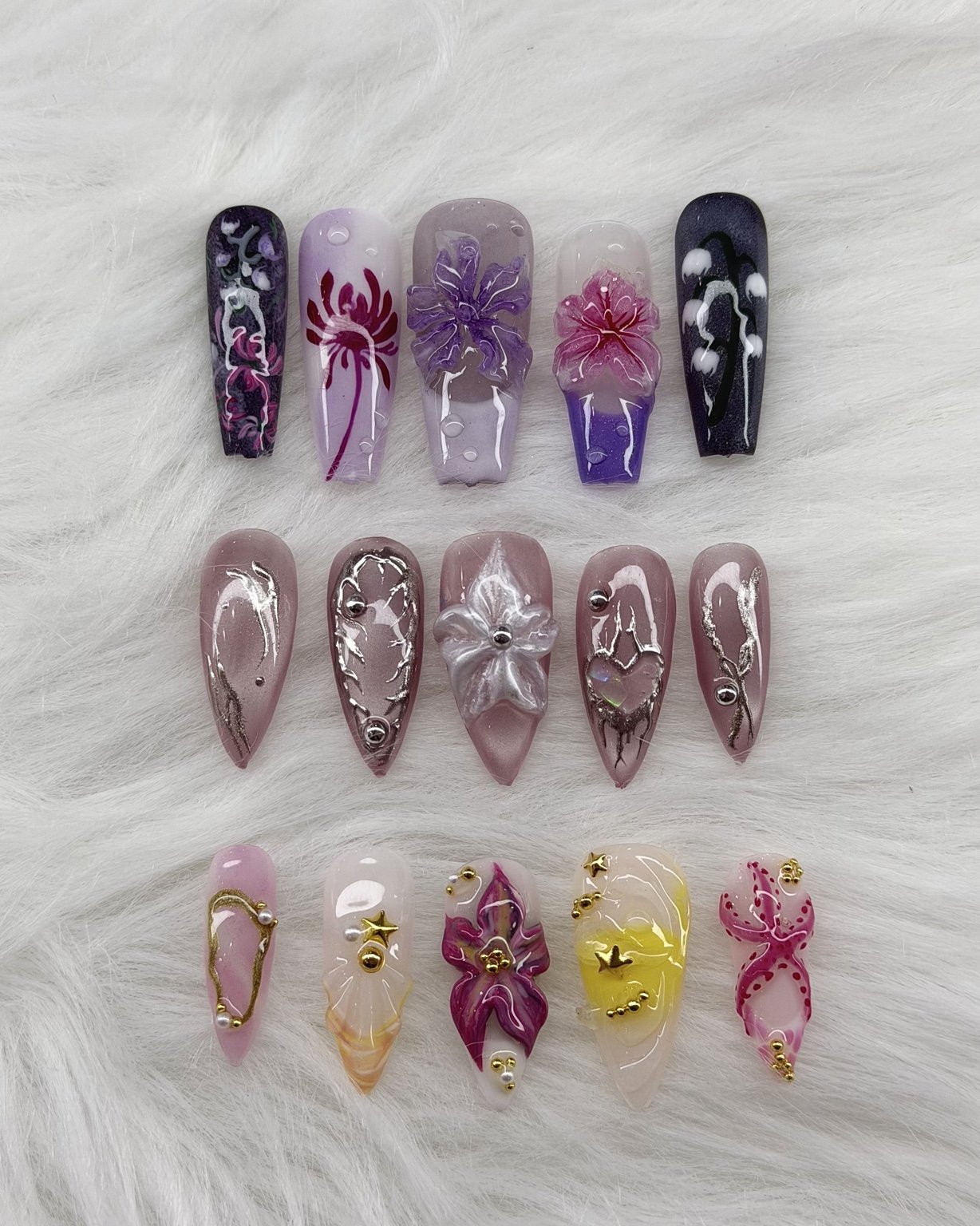 Purple and silver floral nails