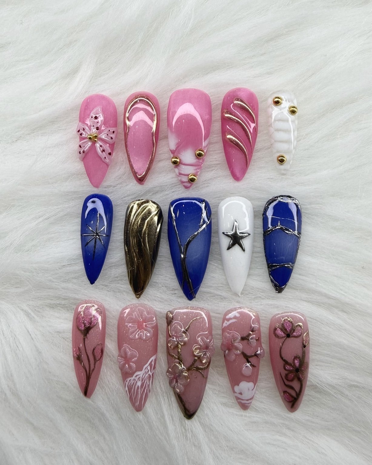 Pink and blue floral nails